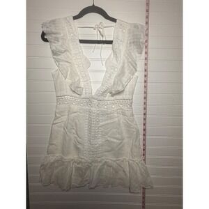 Melody White Crochet Lace Eyelet Ruffle Mini Dress Deep V-Neck Boho Medium